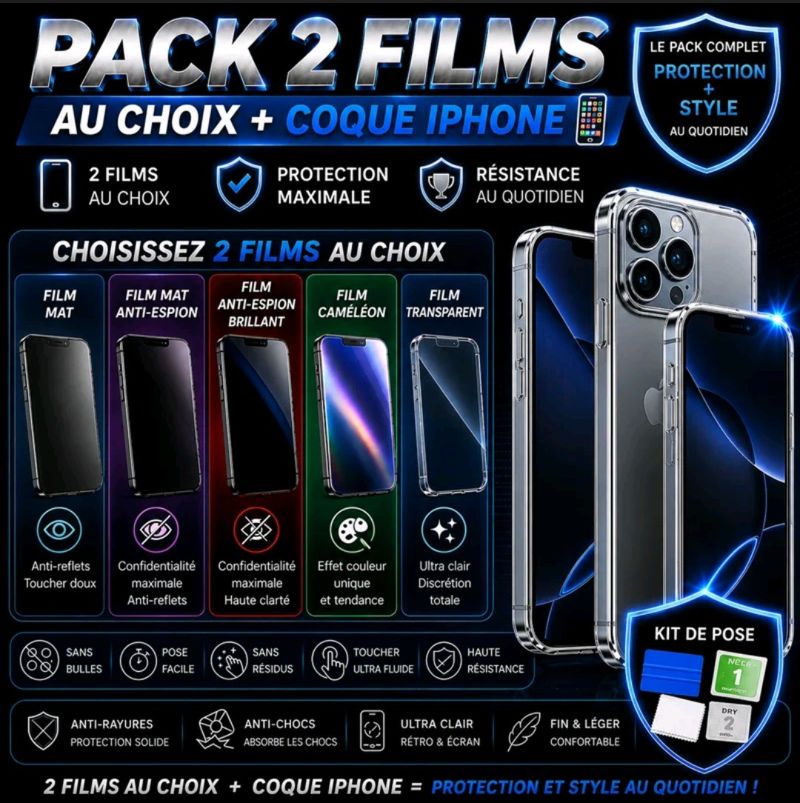 Pack iPhone : 2 films au choix + coque
