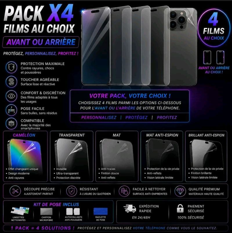 Pack X4 Films au choix — avant/arrière